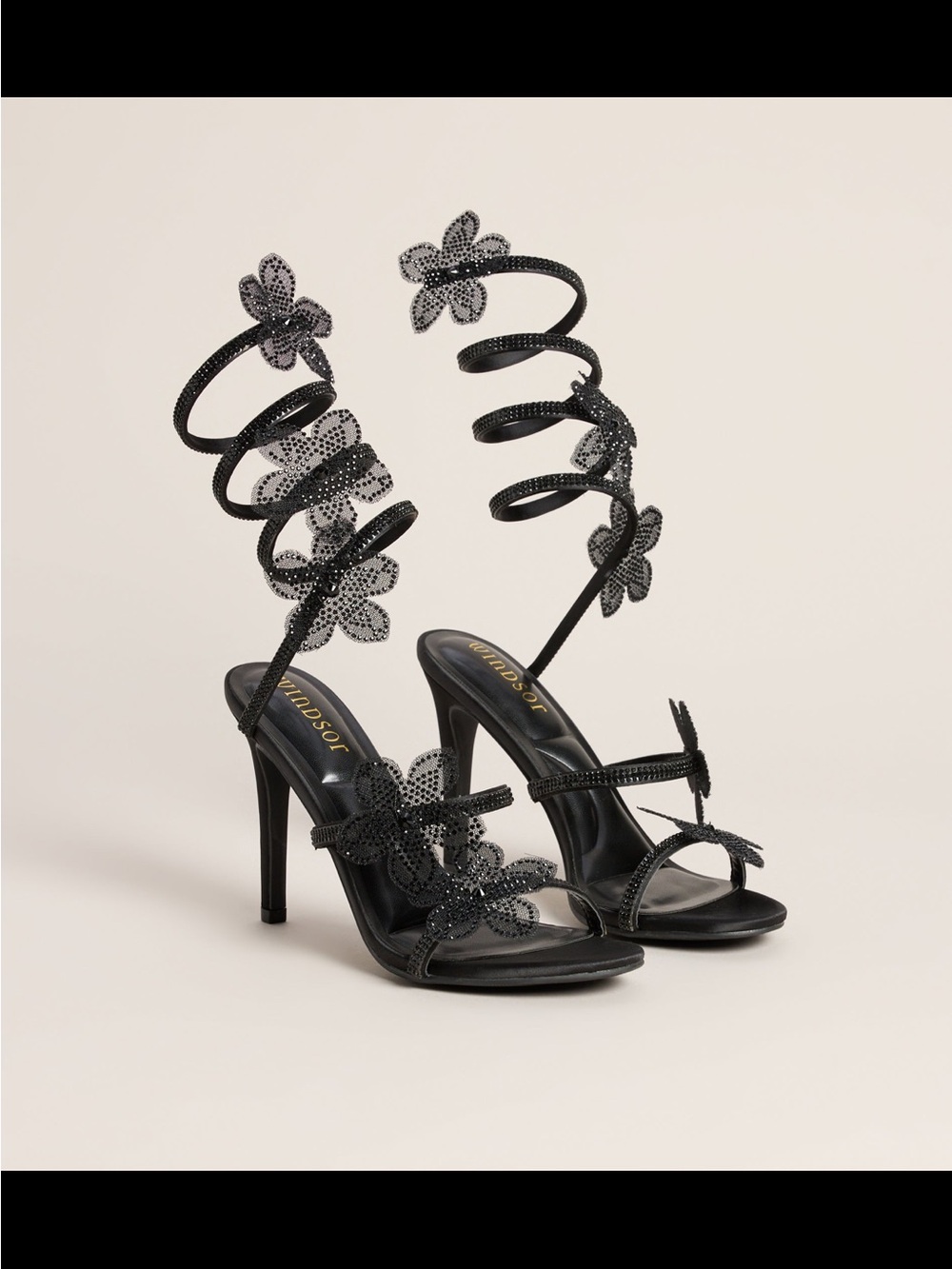 Windsor Black Floral Spiral Lace-Up Stiletto Sandals